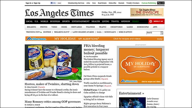 Screenshot of the Los Angeles Times website: the homepage as seen above the fold on the Microsoft Surface TR tablet in Internet Explorer.