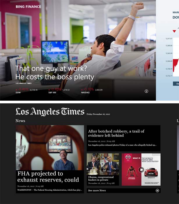 Screenshots from two Surface RT apps: Bing Finance and the Los Angeles Times.
